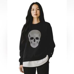 DKNY M Black Sweatshirt Silver Crystal Skull White Poplin Trim R $89 NWOT